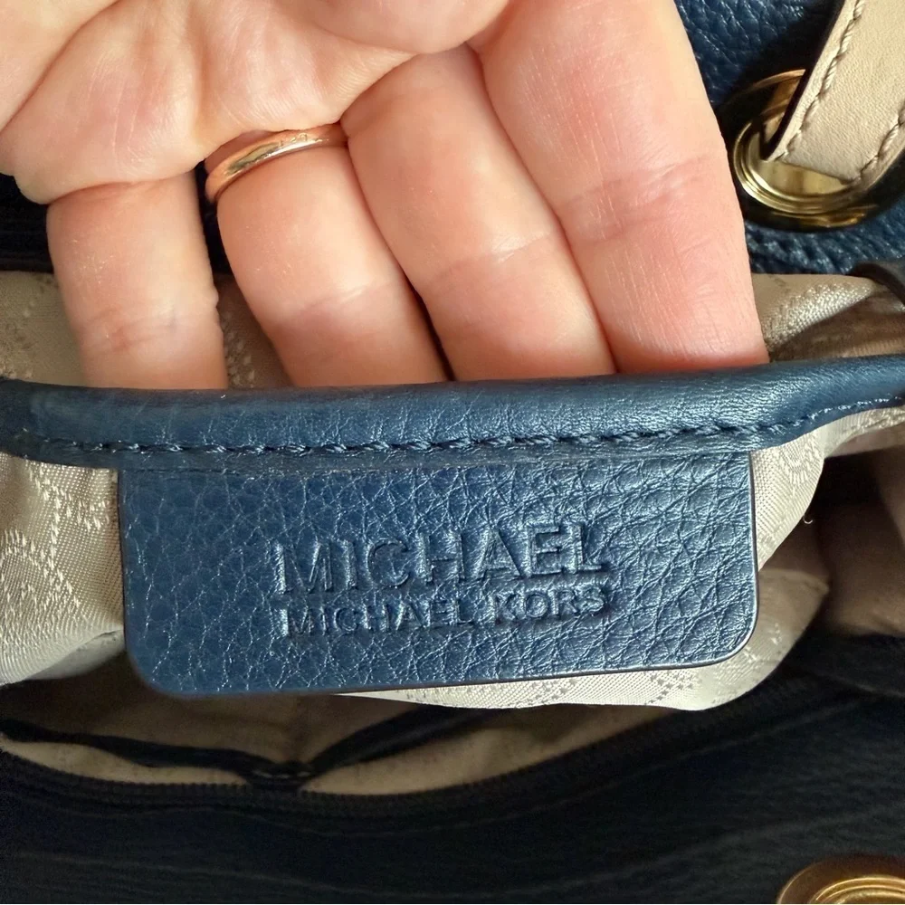 Michael Kors Dark Blue Pebbled Leather with Tan Straps Shoulder Bag Tote - Picture 13 of 15